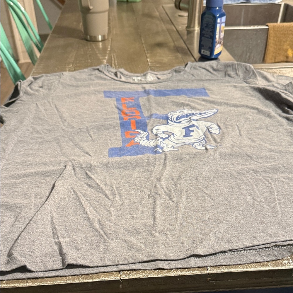 Gray Graphic Tee with Blue and Orange Design